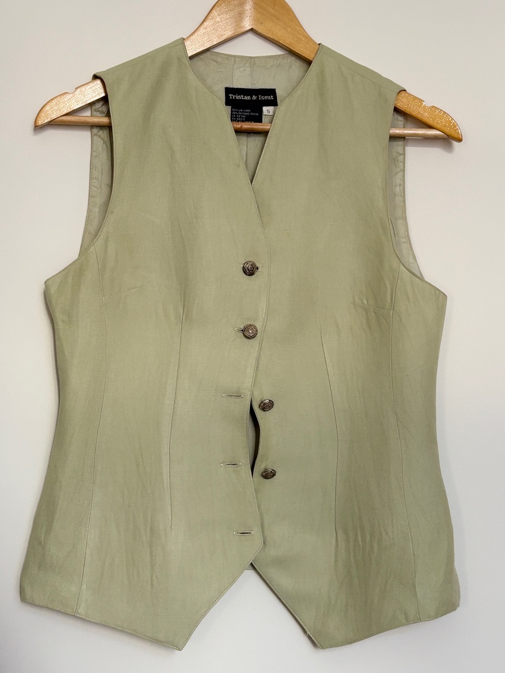 Vintage Tristan & Iseut Sage Green Linen Blend Button Front Vest Size 5 - Picture 2 of 9
